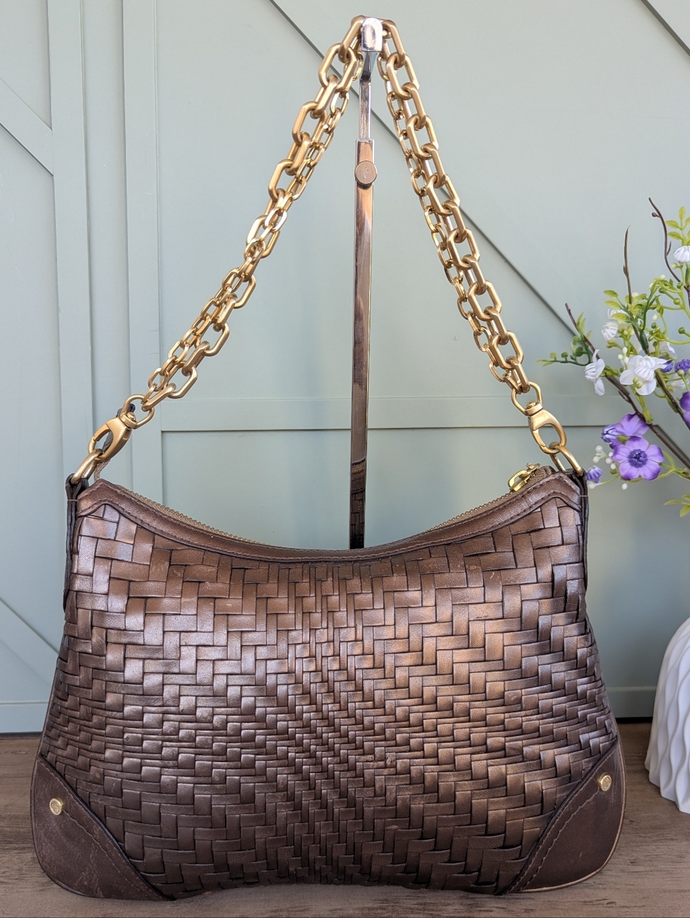 Cole Haan Bronze Woven Leather Shoulder Bag with Gold Chain - Picture 5 of 14